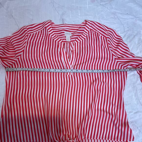 Chicos Blouse Womens Size 2 Large Tie Front Roll Tab Vee Neck Coral White Stripe - Picture 4 of 16